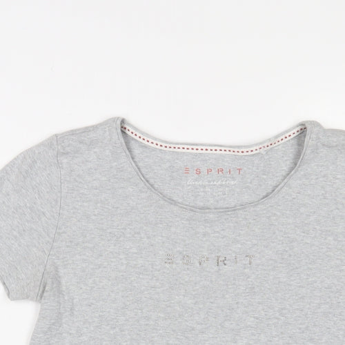 Esprit Womens Grey Cotton Basic T-Shirt Size M Crew Neck - Beaded Logo