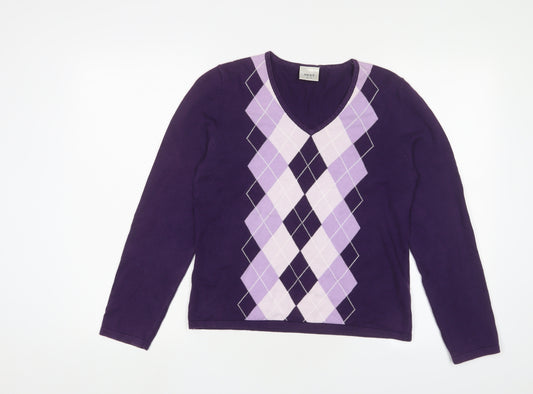 NEXT Womens Purple V-Neck Argyle/Diamond Cotton Pullover Jumper Size 14