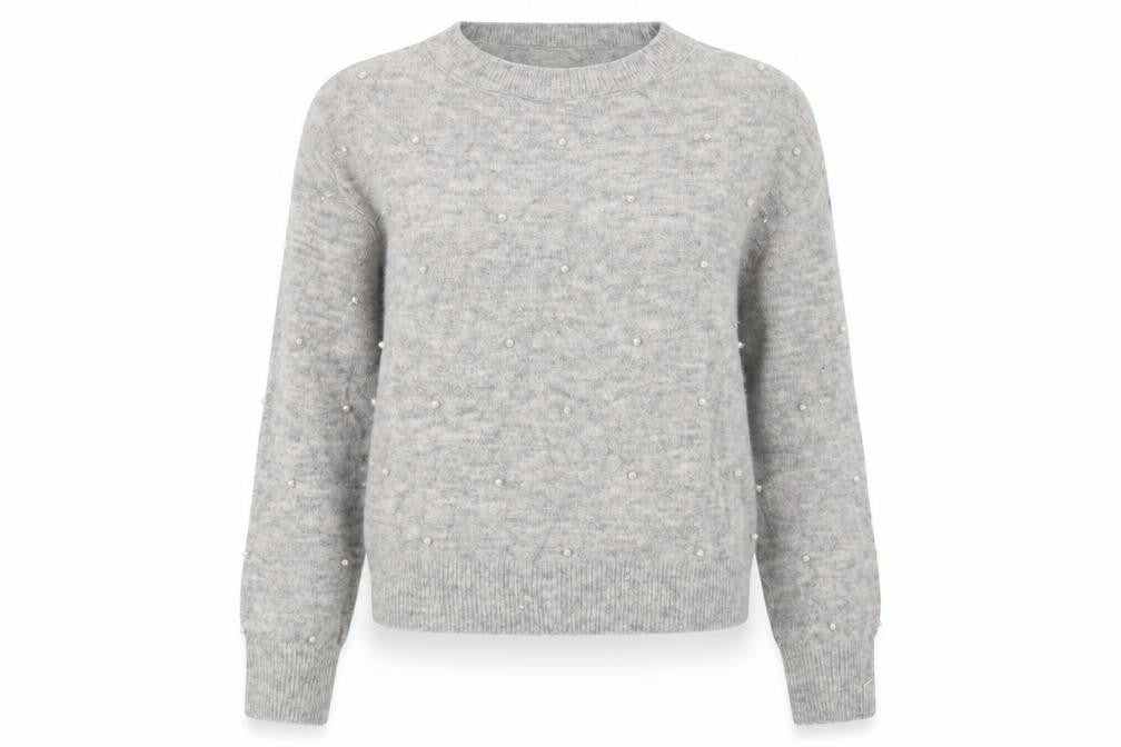 Front view of H&M women’s grey crew neck polyester jumper, size XS, - beaded