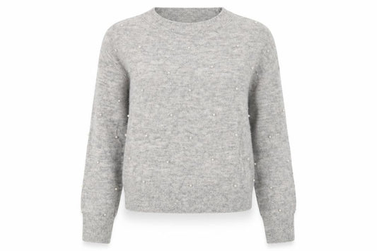 Front view of H&M women’s grey crew neck polyester jumper, size XS, - beaded