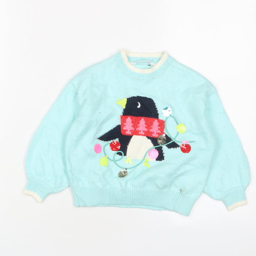 Marks and Spencer Girls Blue Crew Neck Polyester Pullover Jumper Size 2-3 Years Pullover - Christmas