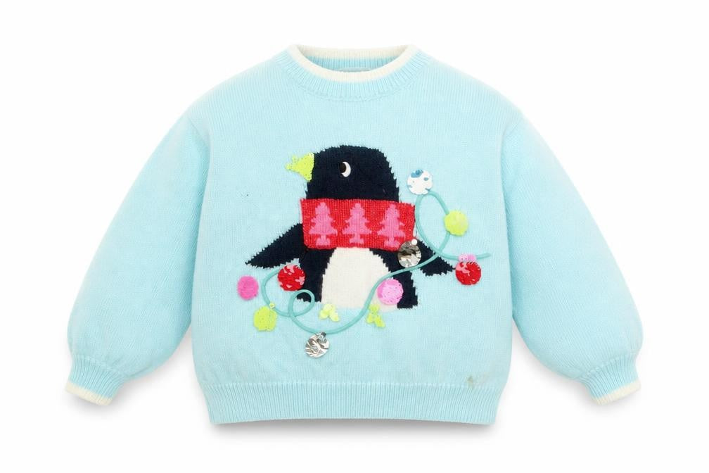 Front view of Marks & Spencer girls’ blue crew neck polyester jumper, size 2-3, years pullover - christmas