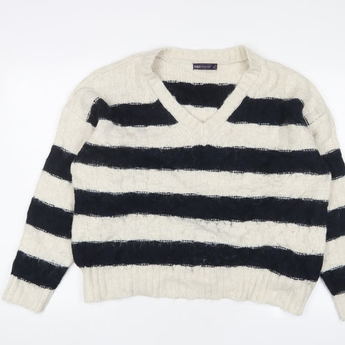 Marks and Spencer Womens White V-Neck Striped Acrylic Pullover Jumper Size XL