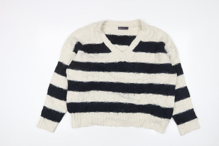 Marks and Spencer Womens White V-Neck Striped Acrylic Pullover Jumper Size XL