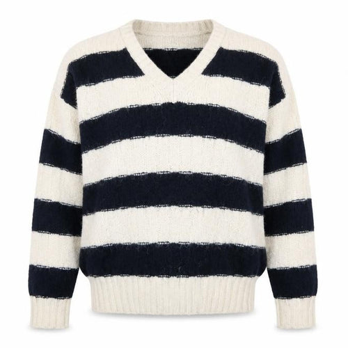 Marks and Spencer Womens White V-Neck Striped Acrylic Pullover Jumper Size XL