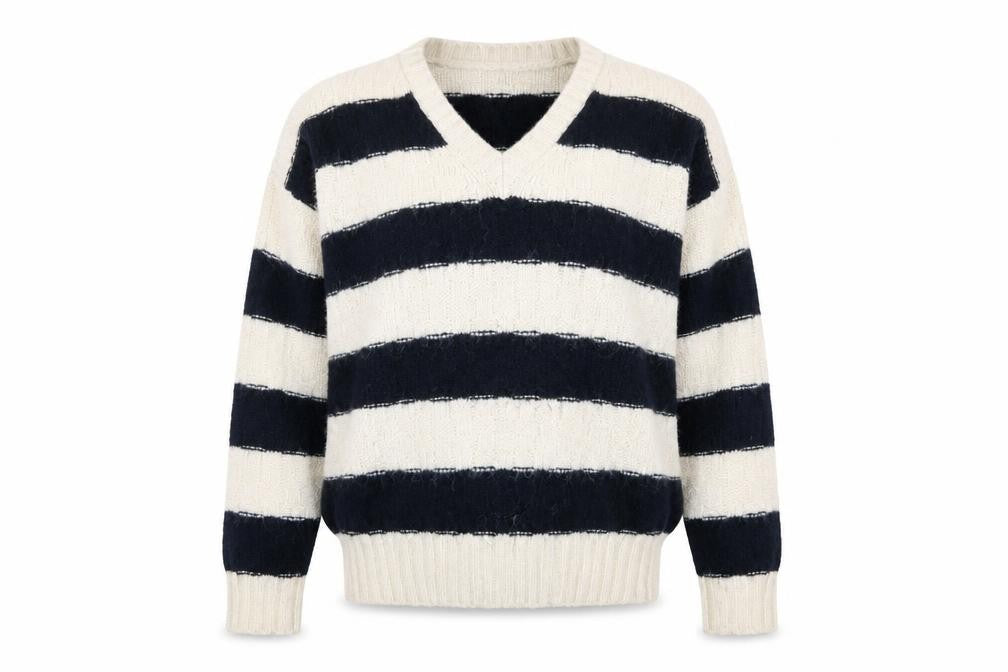 Marks and Spencer Womens White V-Neck Striped Acrylic Pullover Jumper Size XL
