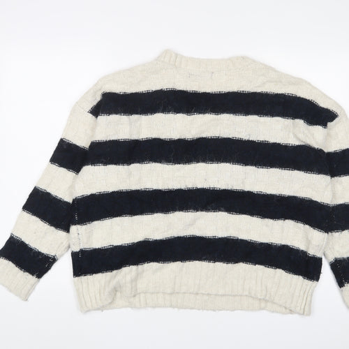Marks and Spencer Womens White V-Neck Striped Acrylic Pullover Jumper Size XL