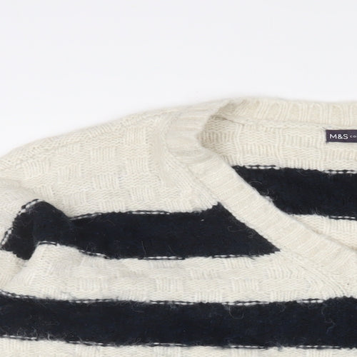 Marks and Spencer Womens White V-Neck Striped Acrylic Pullover Jumper Size XL
