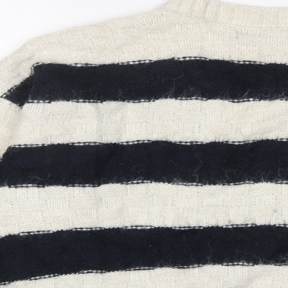 Marks and Spencer Womens White V-Neck Striped Acrylic Pullover Jumper Size XL
