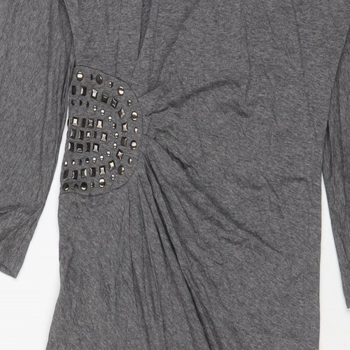 Zara Womens Grey Viscose Basic T-Shirt Size S Boat Neck - Studded