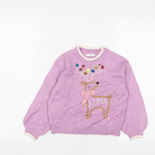 Marks and Spencer Girls Purple Crew Neck Polyester Pullover Jumper Size 5-6 Years Pullover - Christmas