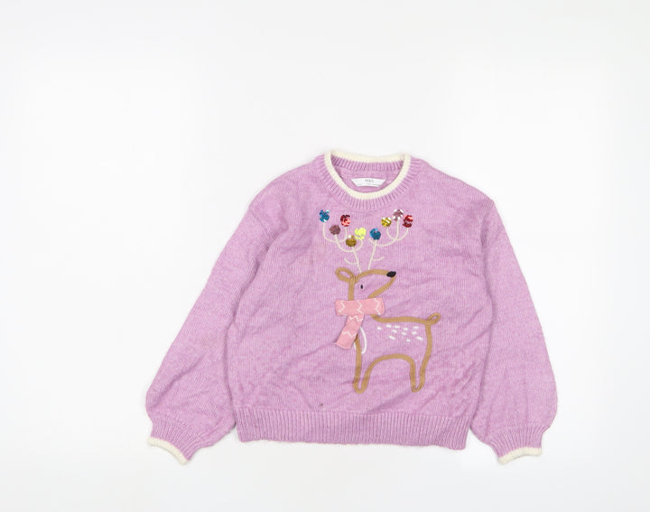 Marks and Spencer Girls Purple Crew Neck Polyester Pullover Jumper Size 5-6 Years Pullover - Christmas
