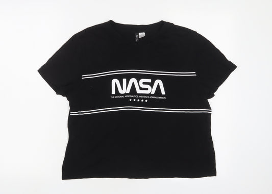 H&M Womens Black Cotton Cropped T-Shirt Size L Crew Neck - NASA