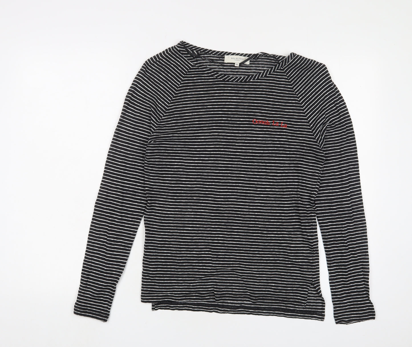 Selected Femme Womens Black Striped Linen Basic T-Shirt Size XS Crew Neck - Oooh la la