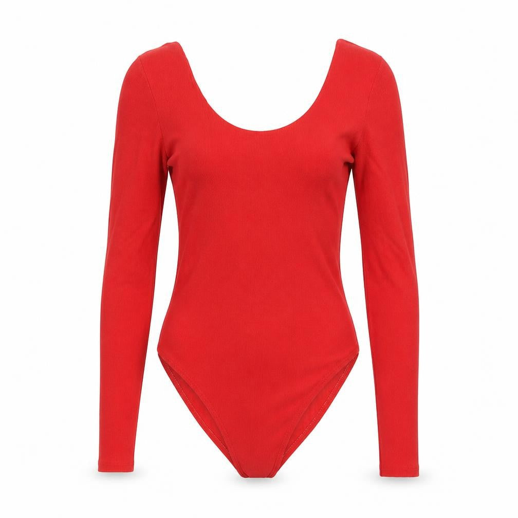 Front view of River Island women’s red cotton bodysuit one-piece, size UK 10, snap