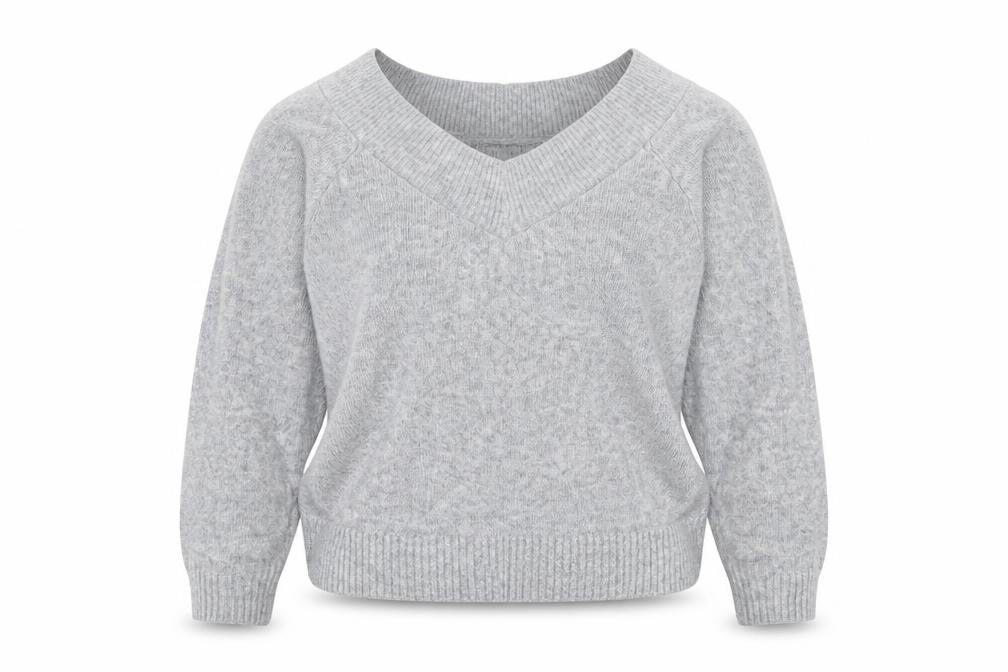 Front view of H&M women’s grey v-neck acrylic jumper, size M
