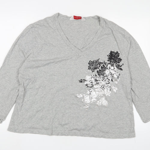 Andre de Brett Womens Grey Floral Cotton Basic T-Shirt Size 22 V-Neck