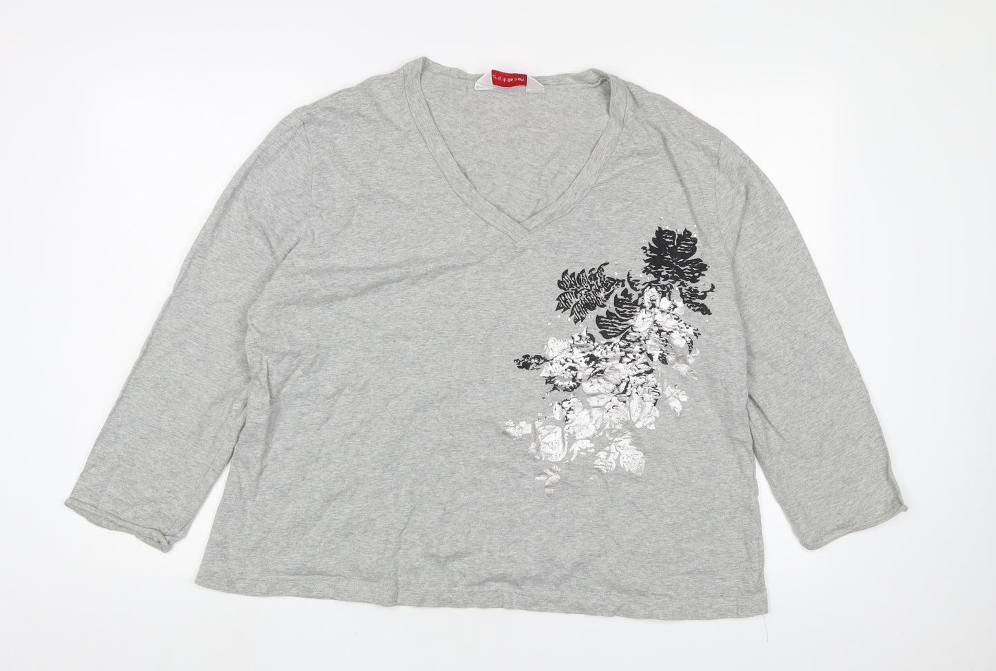 Andre de Brett Womens Grey Floral Cotton Basic T-Shirt Size 22 V-Neck
