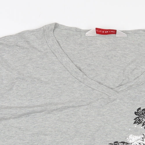 Andre de Brett Womens Grey Floral Cotton Basic T-Shirt Size 22 V-Neck