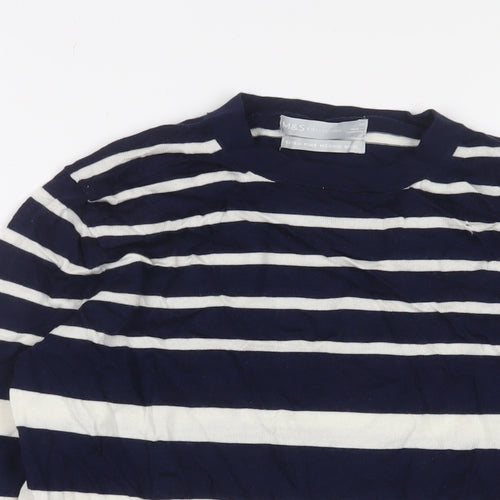 Marks and Spencer Womens Blue Crew Neck Striped Wool Pullover Jumper Size 10