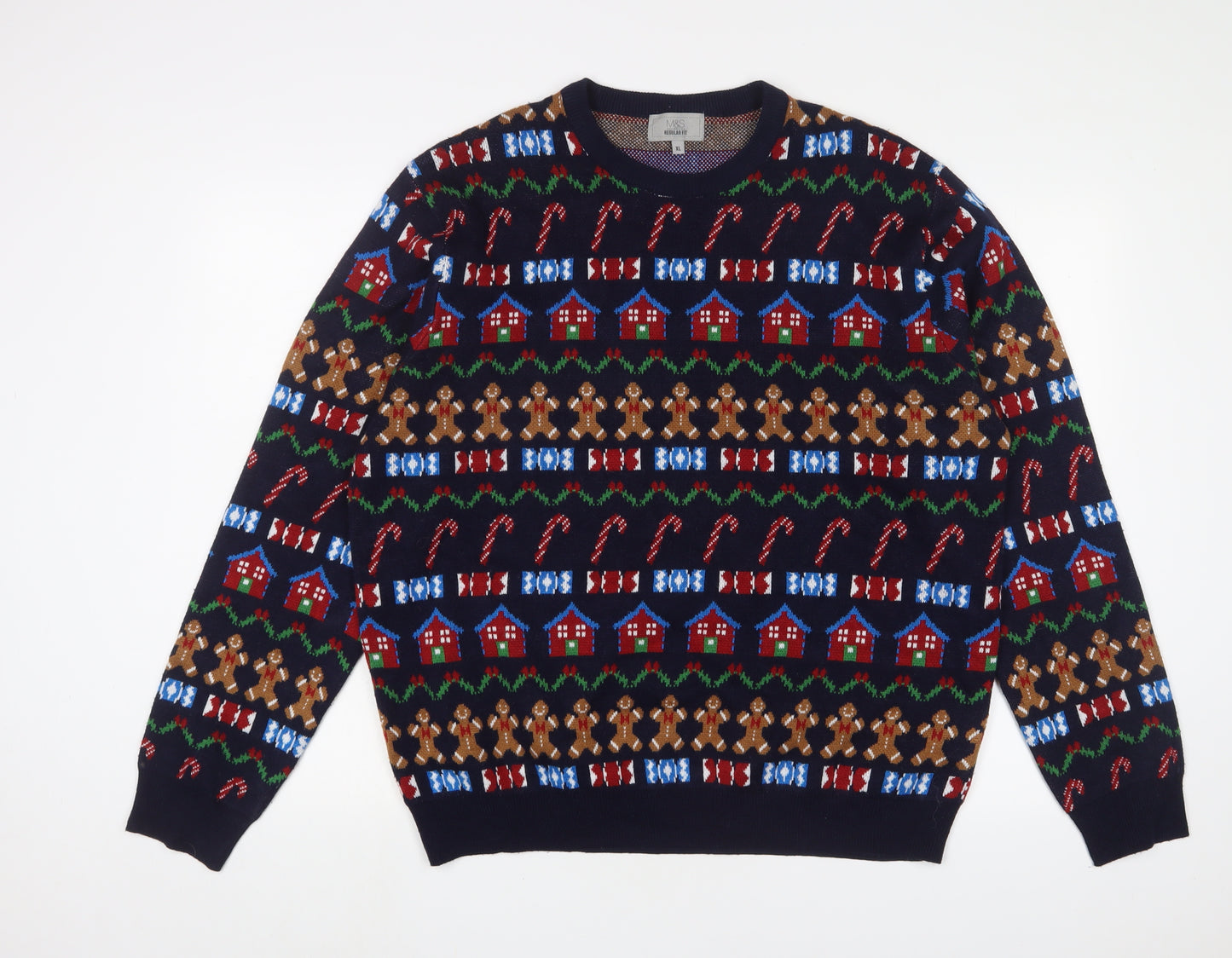 Marks and Spencer Mens Multicoloured Crew Neck Geometric Acrylic Pullover Jumper Size XL Long Sleeve - Christmas