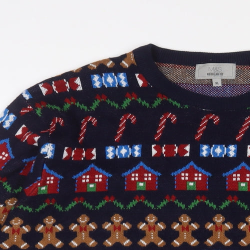 Marks and Spencer Mens Multicoloured Crew Neck Geometric Acrylic Pullover Jumper Size XL Long Sleeve - Christmas