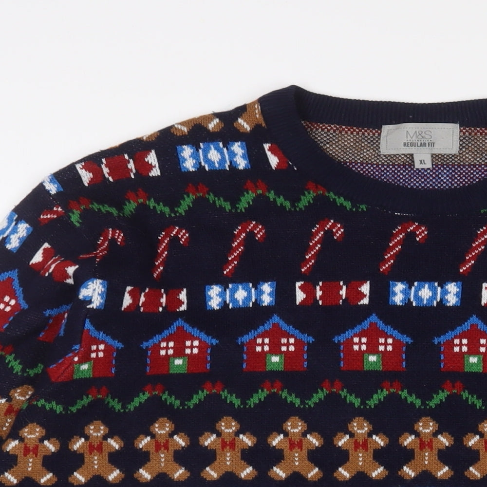 Marks and Spencer Mens Multicoloured Crew Neck Geometric Acrylic Pullover Jumper Size XL Long Sleeve - Christmas