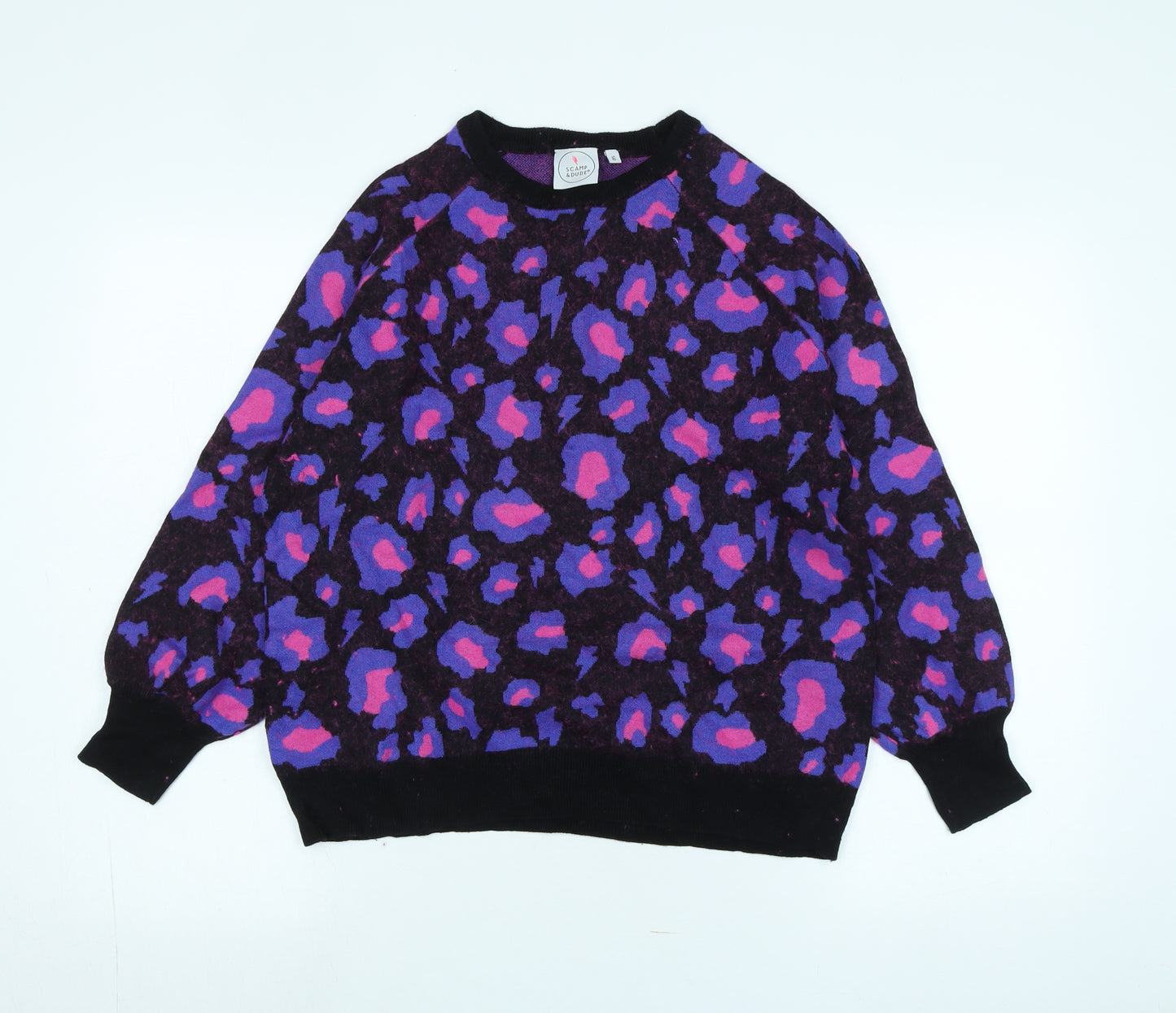 Scampi & Dude Womens Multicoloured Crew Neck Animal Print Wool Pullover Jumper Size 16 - Logo
