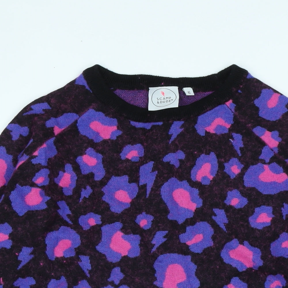 Scampi & Dude Womens Multicoloured Crew Neck Animal Print Wool Pullover Jumper Size 16 - Logo