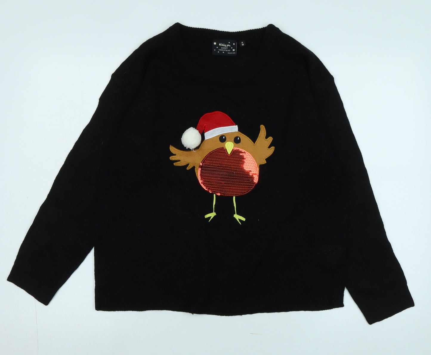 Brave Soul Womens Black Crew Neck Acrylic Pullover Jumper Size M - Logo - Sequins