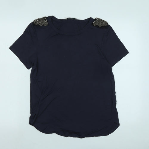 Oasis Womens Blue Cotton Basic T-Shirt Size L Scoop Neck - Logo - Beaded detail to shoulders.