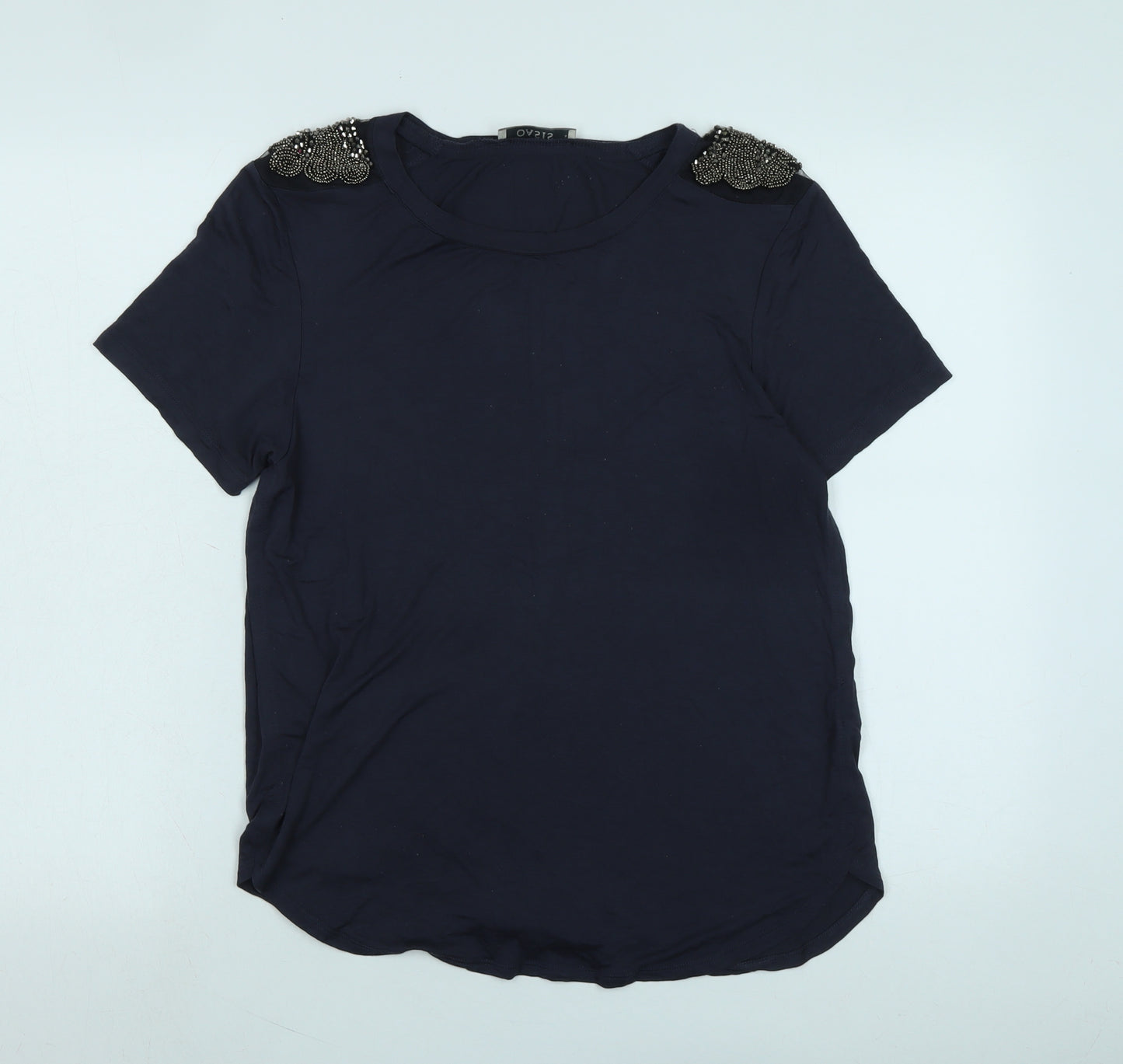 Oasis Womens Blue Cotton Basic T-Shirt Size L Scoop Neck - Logo - Beaded detail to shoulders.