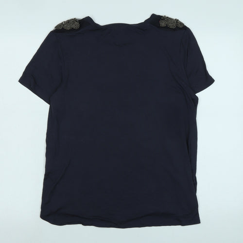 Oasis Womens Blue Cotton Basic T-Shirt Size L Scoop Neck - Logo - Beaded detail to shoulders.