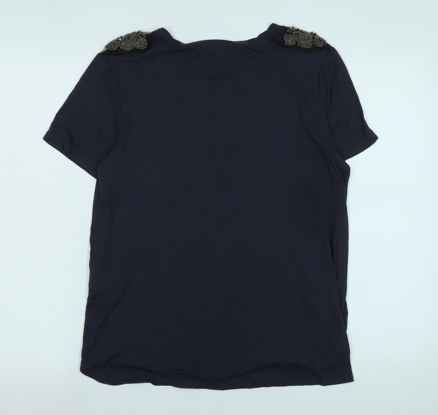 Oasis Womens Blue Cotton Basic T-Shirt Size L Scoop Neck - Logo - Beaded detail to shoulders.