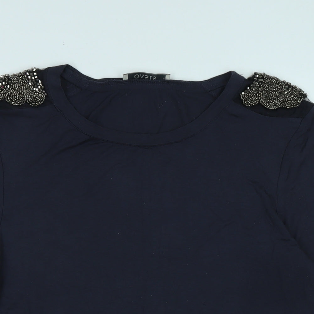 Oasis Womens Blue Cotton Basic T-Shirt Size L Scoop Neck - Logo - Beaded detail to shoulders.