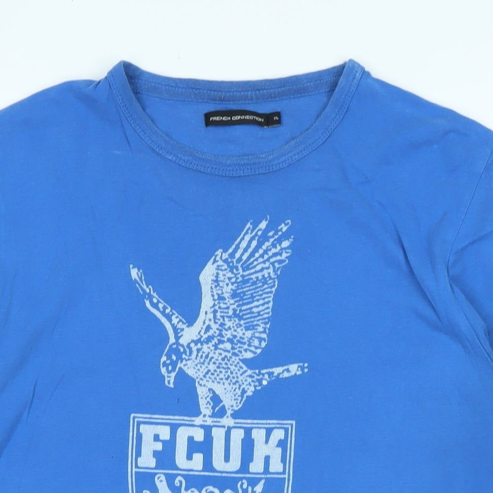 French Connection Mens Blue Cotton T-Shirt Size XL Crew Neck - Logo - FCUK