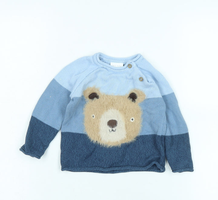 NEXT Boys Blue Cotton Pullover Jumper Size 6-9 Months - Fluffy Teddy Bear