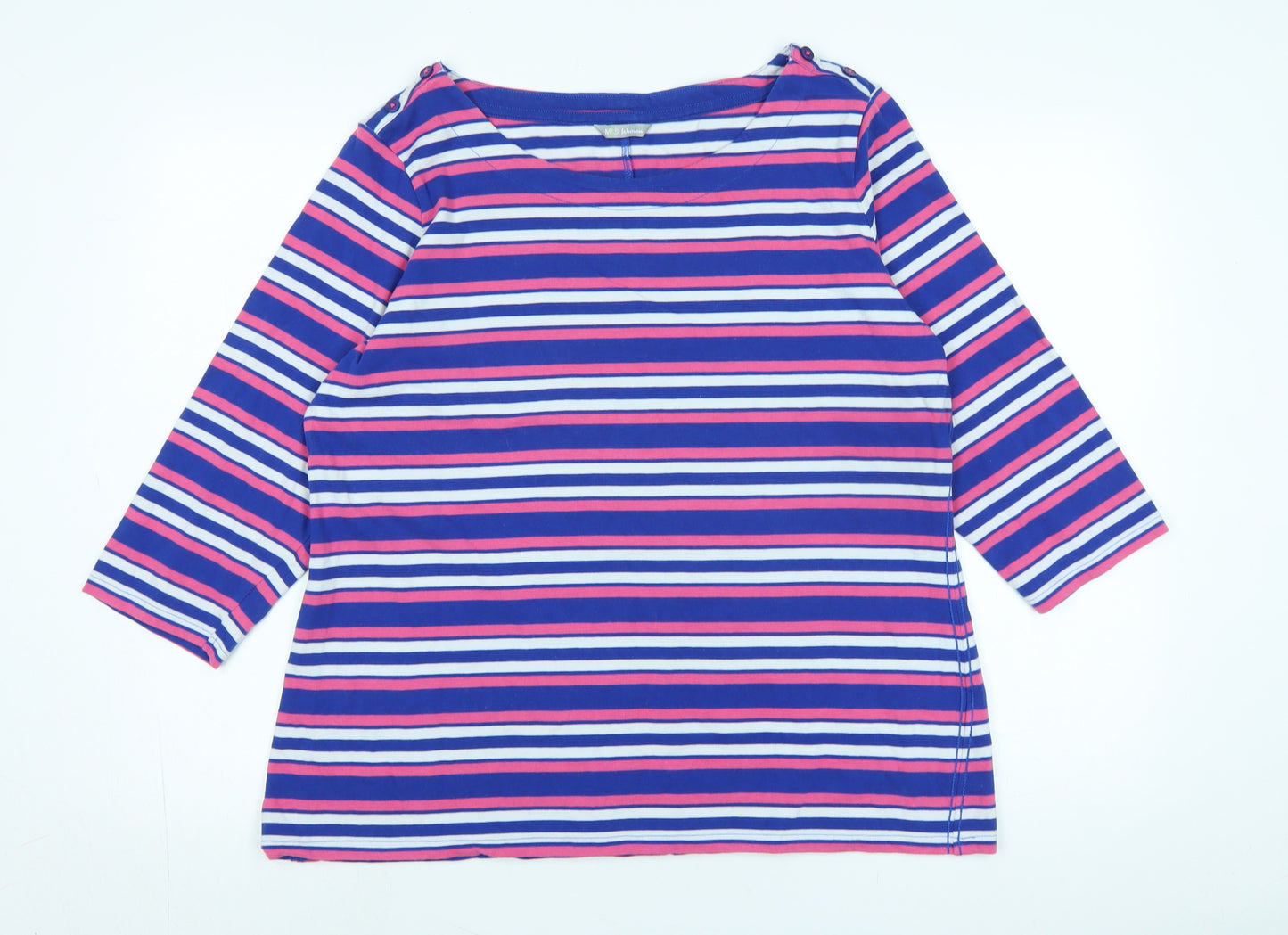 Marks and Spencer Womens Multicoloured Striped Cotton Jersey T-Shirt Size 18 Boat Neck