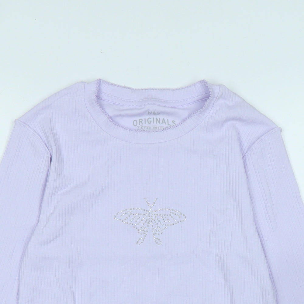 Marks and Spencer Girls Purple Cotton Jersey T-Shirt Size 13-14 Years Crew Neck - Lo - Beaded Butterfly