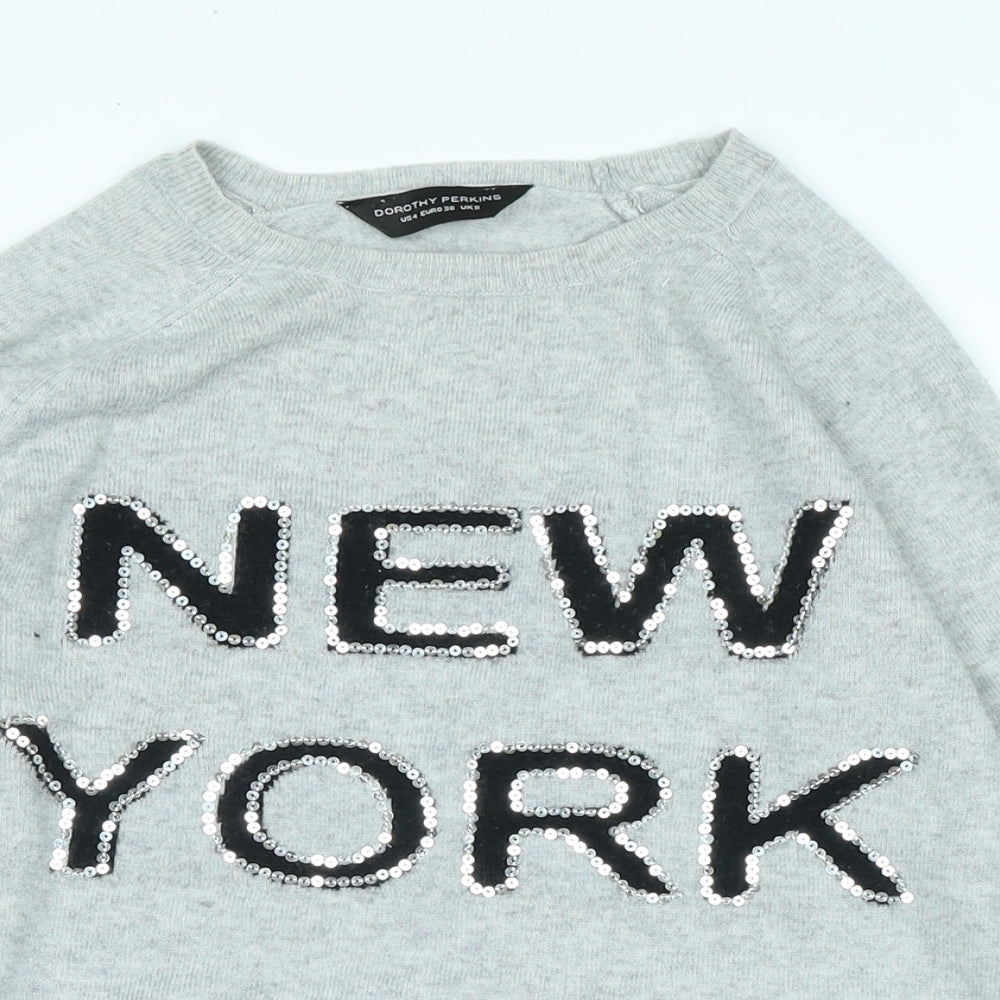 Dorothy Perkins Womens Grey Crew Neck Acrylic Pullover Jumper Size 8 - Logo - NEW YORK