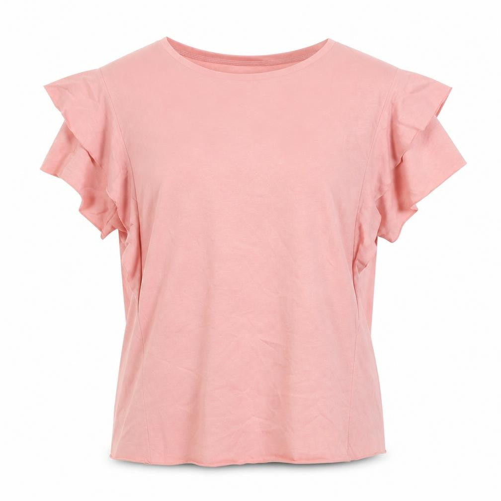 Front view of Zara women’s pink cotton basic t-shirt, size M, scoop neck