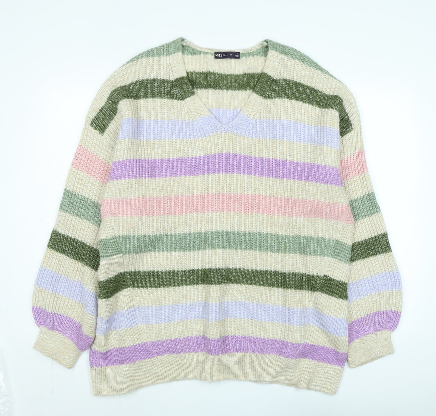 Marks and Spencer Womens Multicoloured V-Neck Striped Polyester Pullover Jumper Size XL