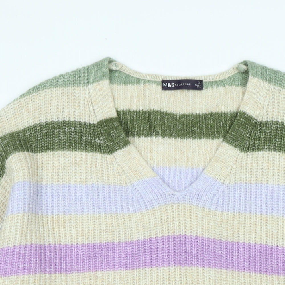 Marks and Spencer Womens Multicoloured V-Neck Striped Polyester Pullover Jumper Size XL