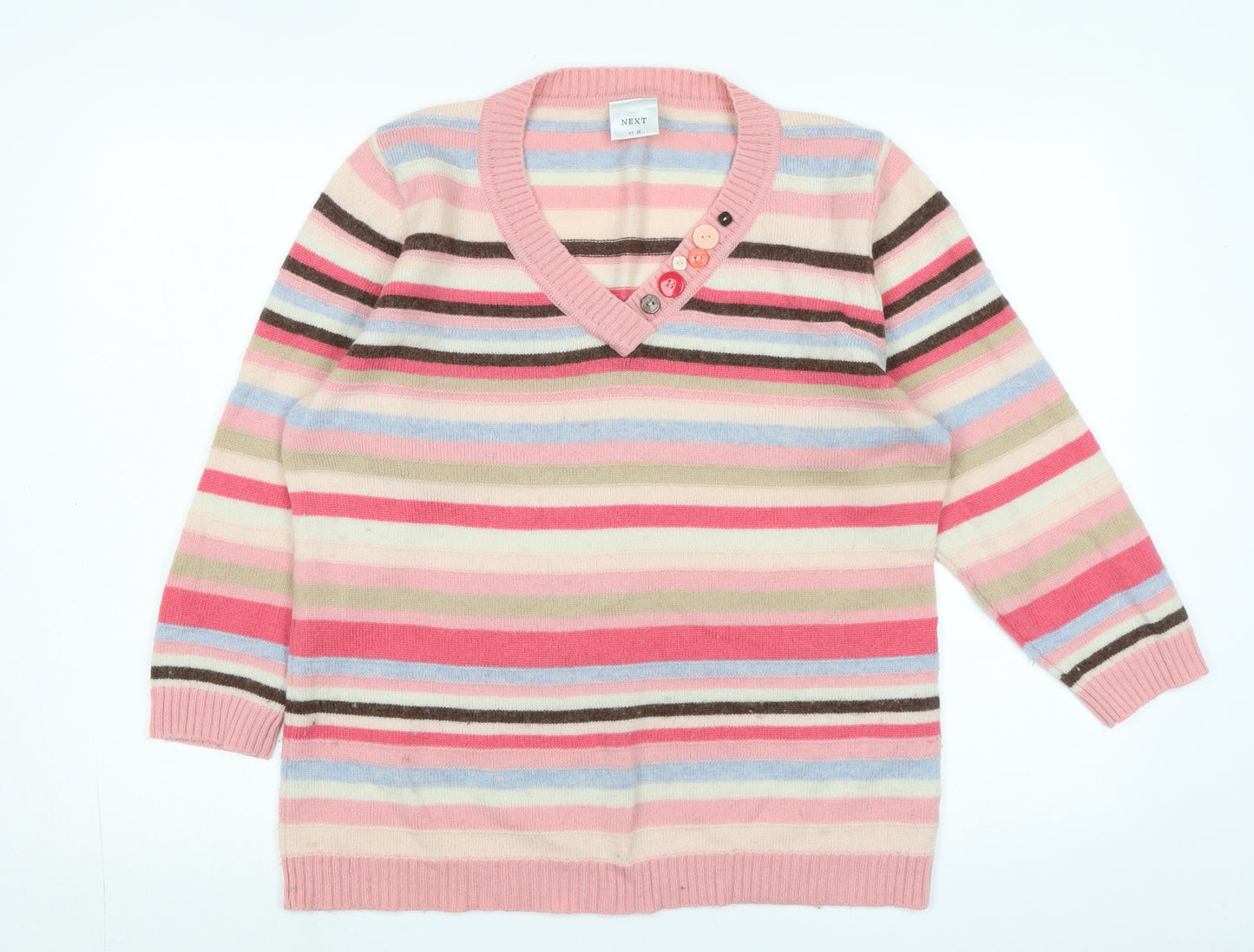 nexrt Womens Multicoloured V-Neck Striped Wool Pullover Jumper Size 20 - Lambswool