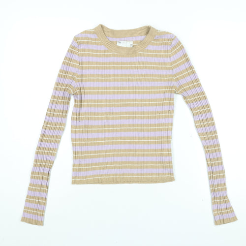ASOS Womens Beige Striped Acrylic Basic T-Shirt Size 14 Round Neck