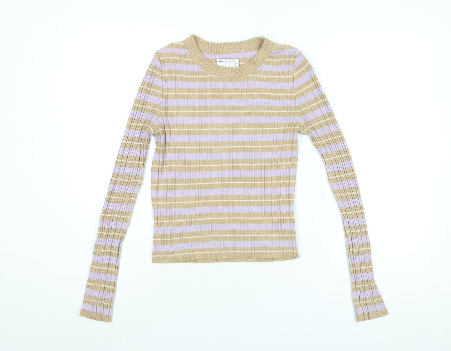 ASOS Womens Beige Striped Acrylic Basic T-Shirt Size 14 Round Neck