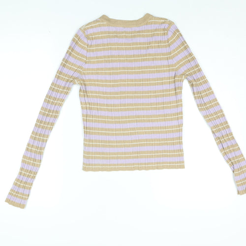ASOS Womens Beige Striped Acrylic Basic T-Shirt Size 14 Round Neck