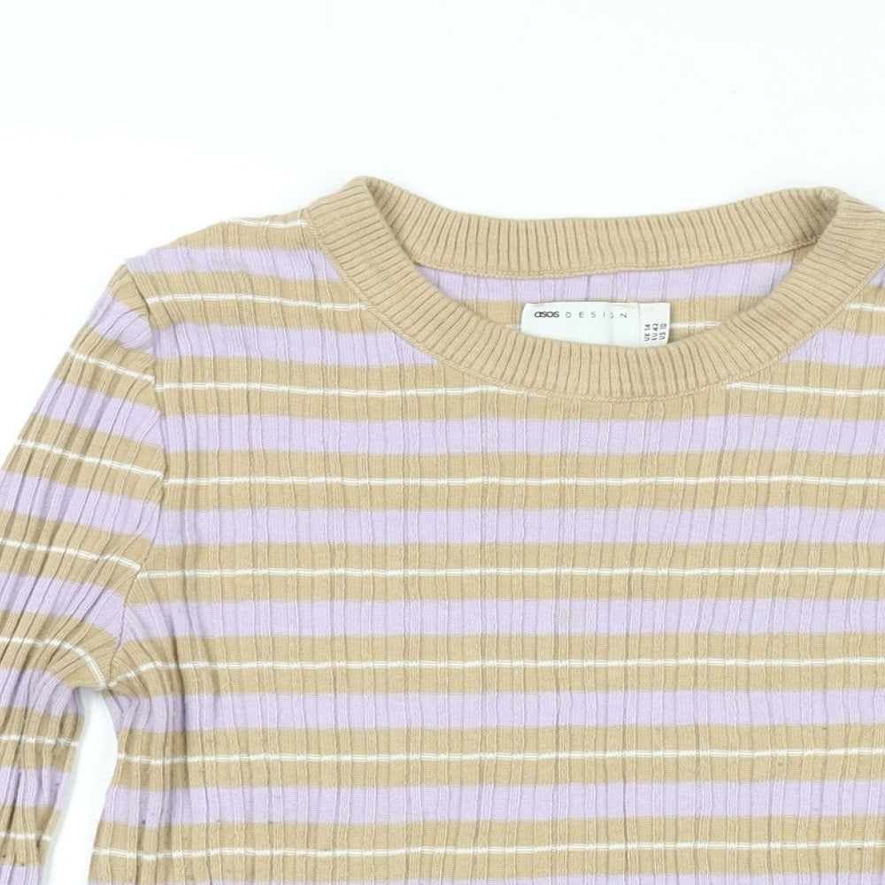 ASOS Womens Beige Striped Acrylic Basic T-Shirt Size 14 Round Neck