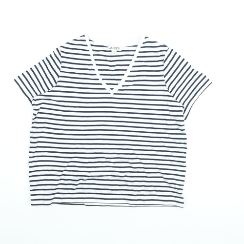 Jaeger Womens White Striped Cotton Basic T-Shirt Size 8 V-Neck