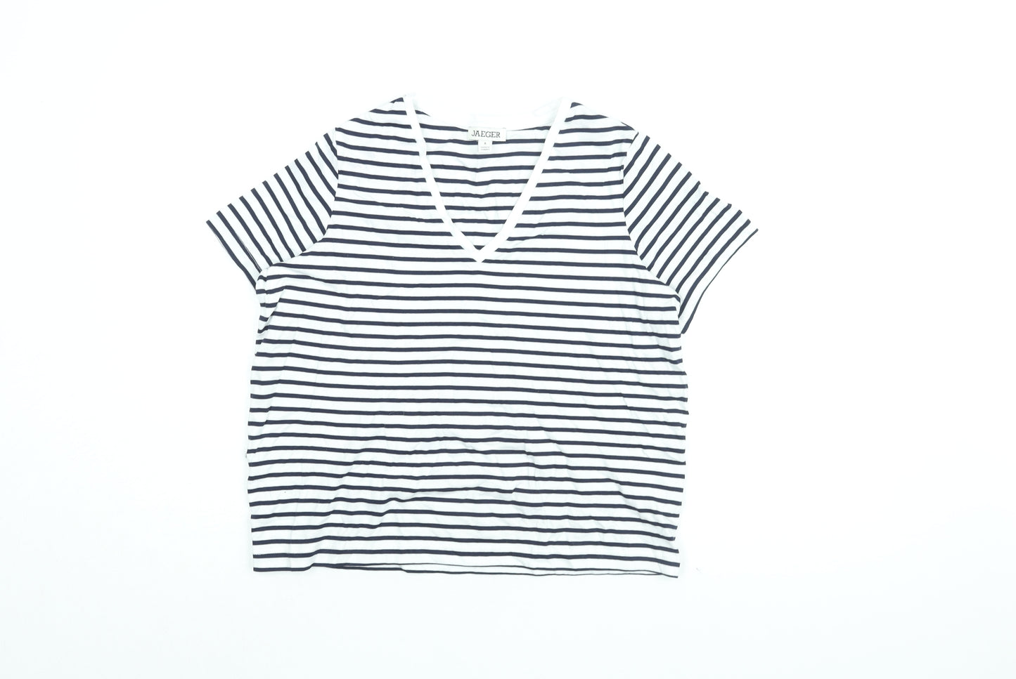 Jaeger Womens White Striped Cotton Basic T-Shirt Size 8 V-Neck